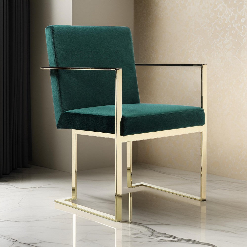 Boly 24 Inch Dining Armchair, Cushioned Green Velvet Seat, Gold Cantilever  By Casagear Home