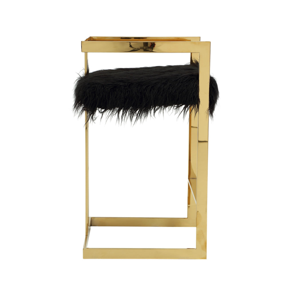 Suki 30 Inch Barstool Chair Black Faux Fur Seat Gold Cantilever Base By Casagear Home BM314992