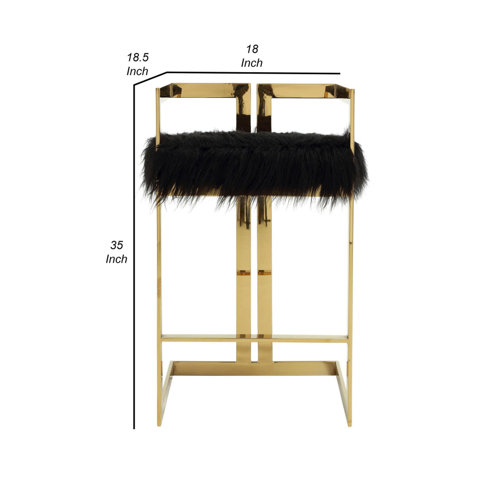 Suki 30 Inch Barstool Chair Black Faux Fur Seat Gold Cantilever Base By Casagear Home BM314992