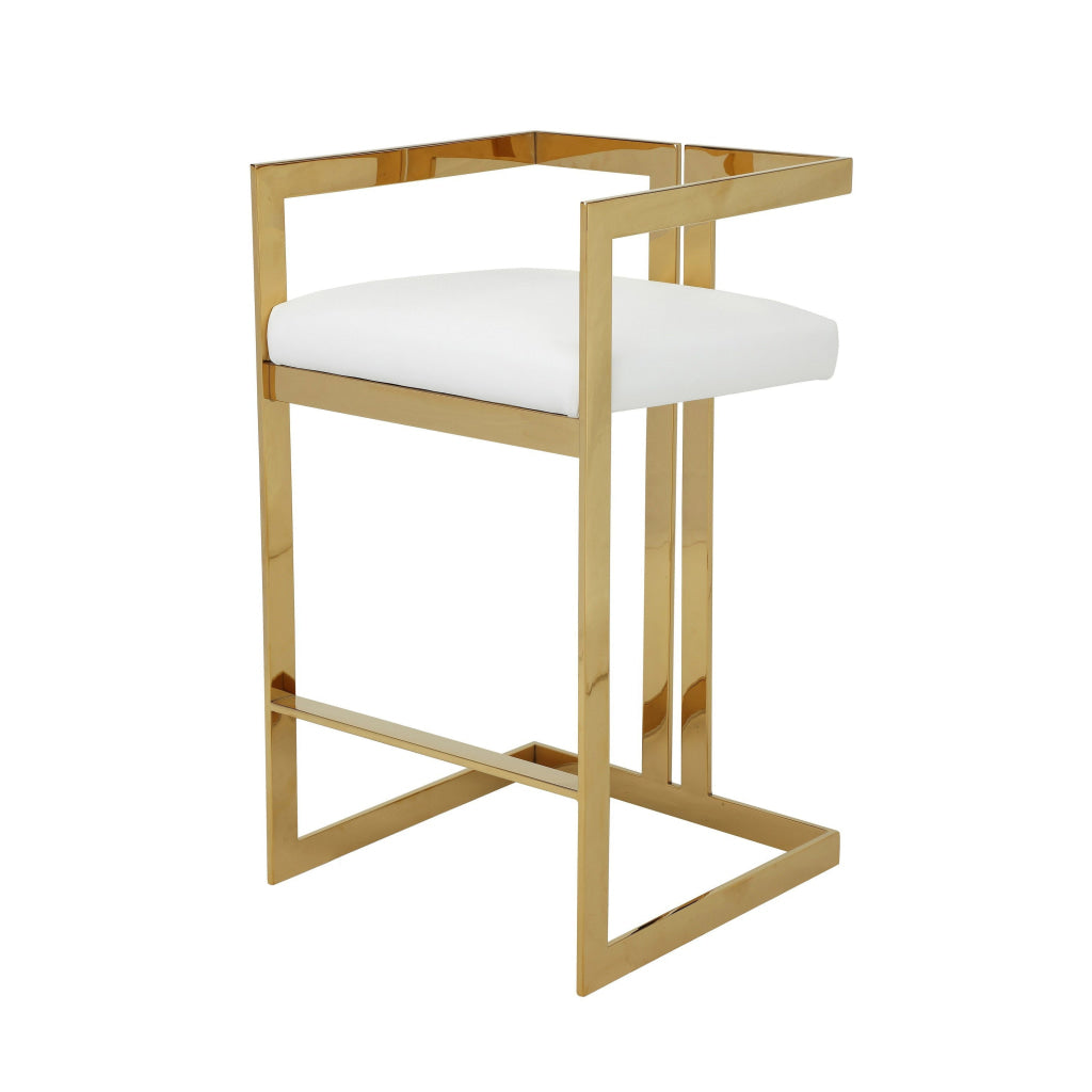 Suki 30 Inch Barstool Chair White Faux Leather Seat Gold Cantilever Base By Casagear Home BM314994