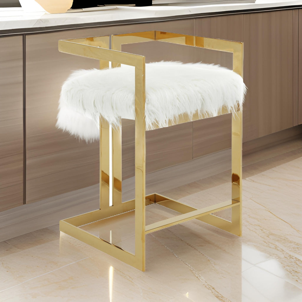 Suki 26 Inch Counter Height Chair, White Faux Fur, Gold Cantilever Base By Casagear Home