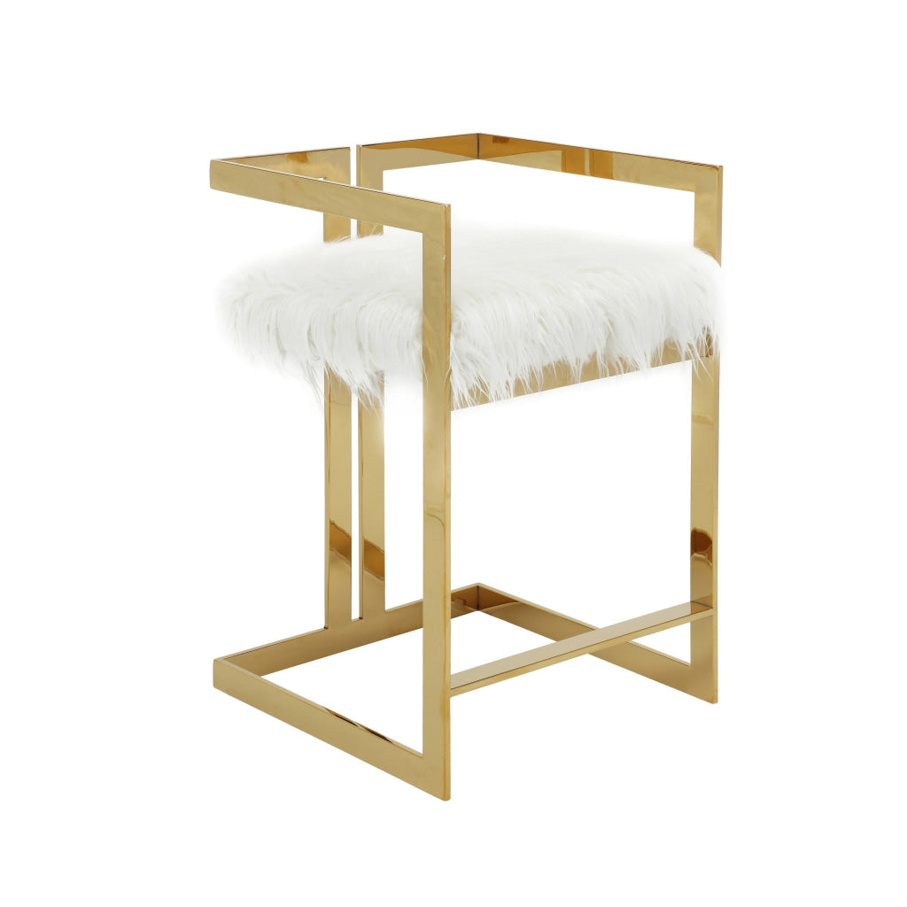 Suki 26 Inch Counter Height Chair White Faux Fur Gold Cantilever Base By Casagear Home BM314997