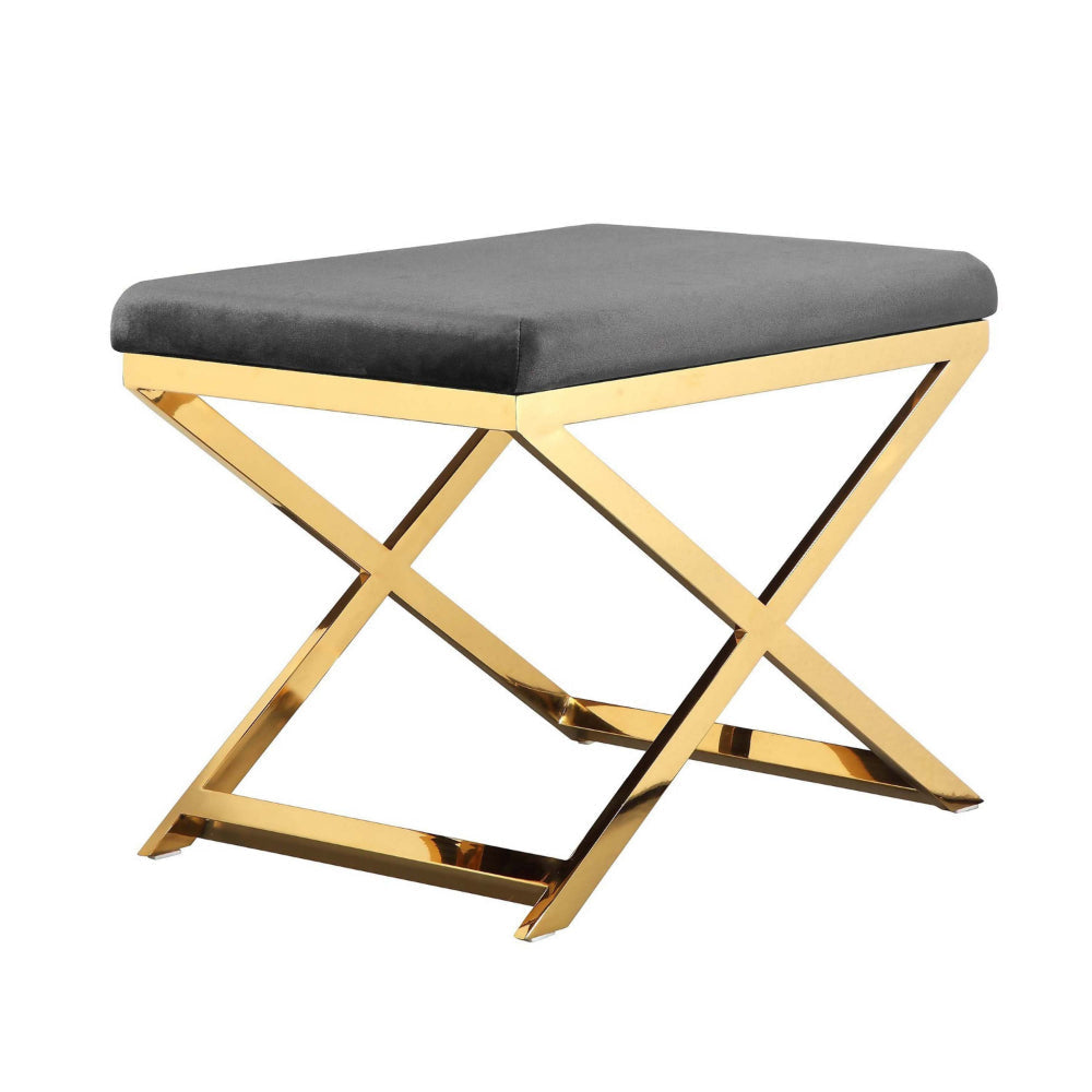 Sovi 24 Inch Accent Stool Ottoman Bench, Cushioned Gray Velvet, Gold X Base By Casagear Home