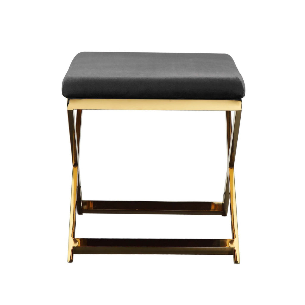 Sovi 24 Inch Accent Stool Ottoman Bench Cushioned Gray Velvet Gold X Base By Casagear Home BM314999