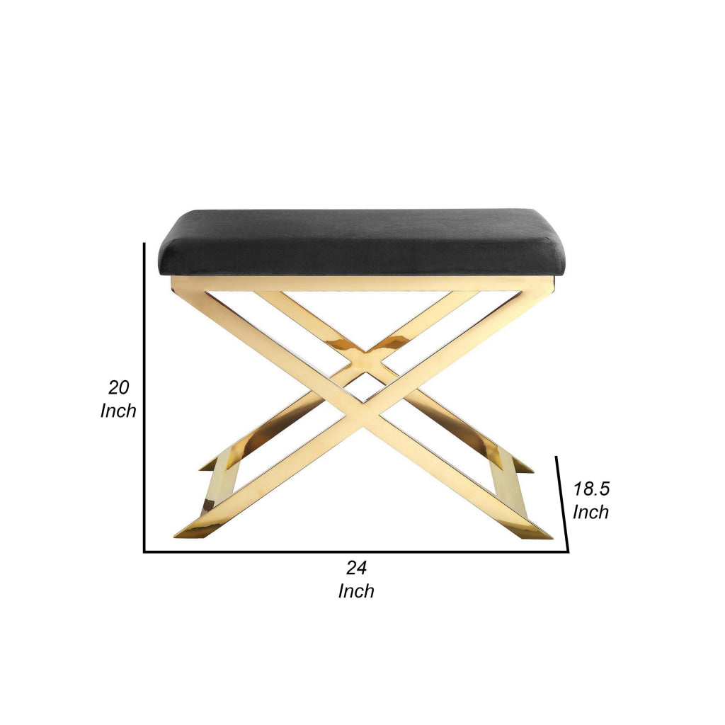 Sovi 24 Inch Accent Stool Ottoman Bench Cushioned Gray Velvet Gold X Base By Casagear Home BM314999