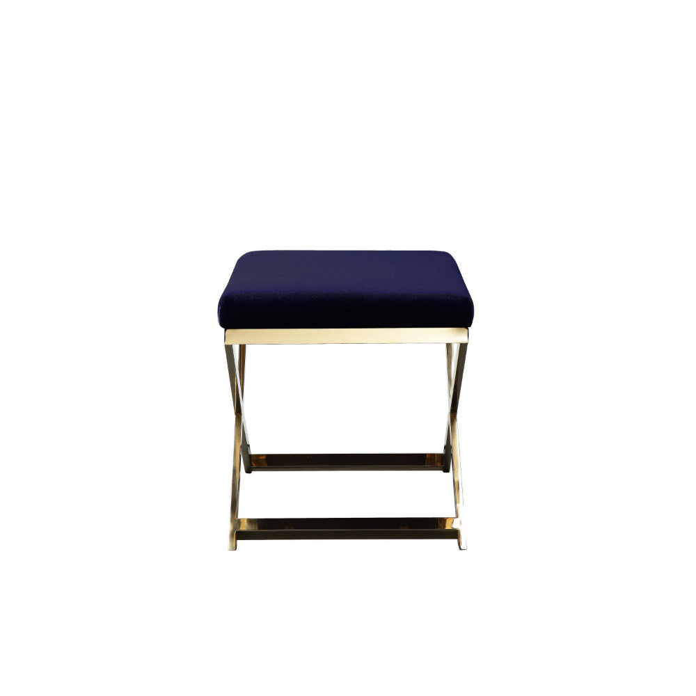 Sovi 24 Inch Accent Stool Ottoman Bench Cushioned Blue Velvet Gold X Base By Casagear Home BM315001