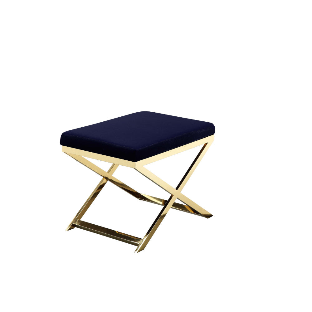 Sovi 24 Inch Accent Stool Ottoman Bench, Cushioned Blue Velvet, Gold X Base By Casagear Home