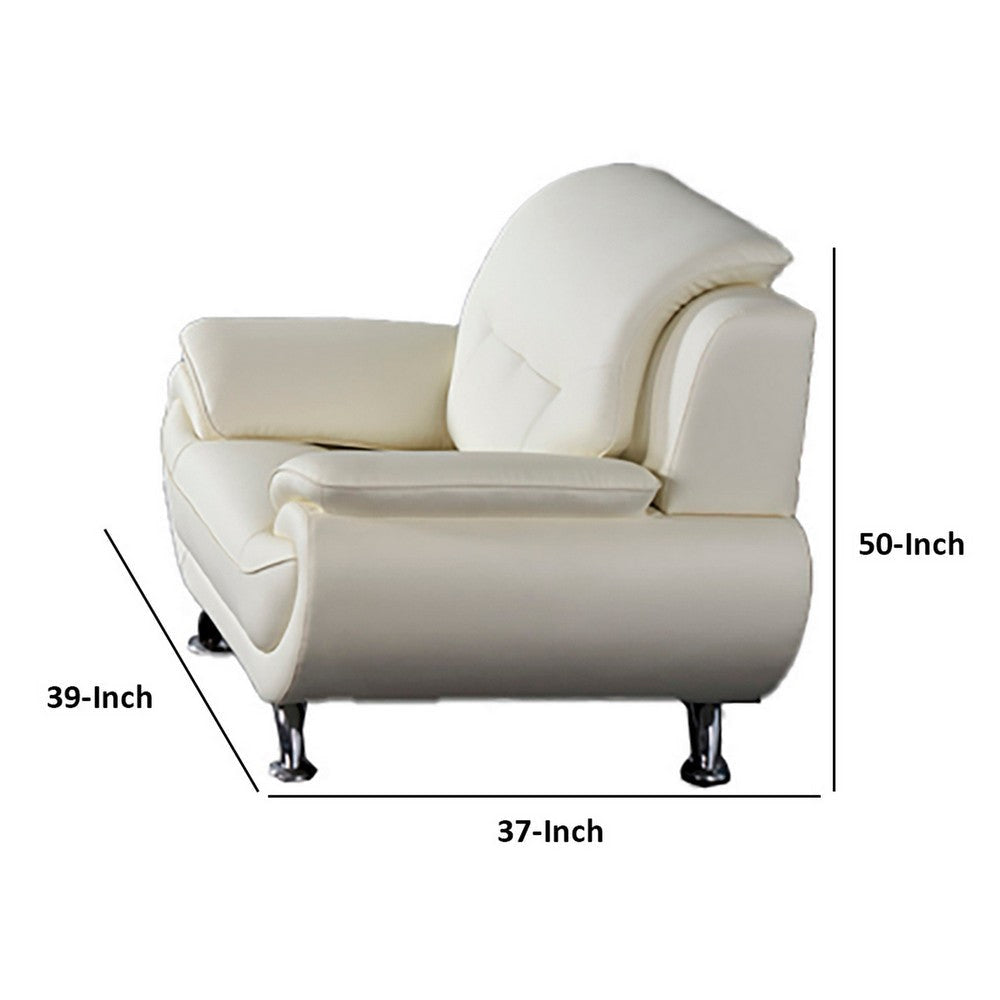 Olaf 50 Inch Sofa Chair Tufted Ivory Faux Leather Chrome Metal Wood By Casagear Home BM315002