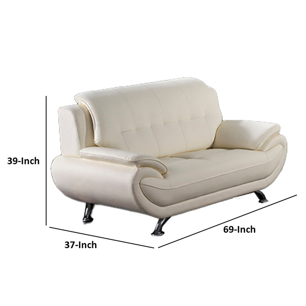 Olaf 69 Inch Loveseat Tufted Ivory Faux Leather Chrome Metal Wood By Casagear Home BM315003