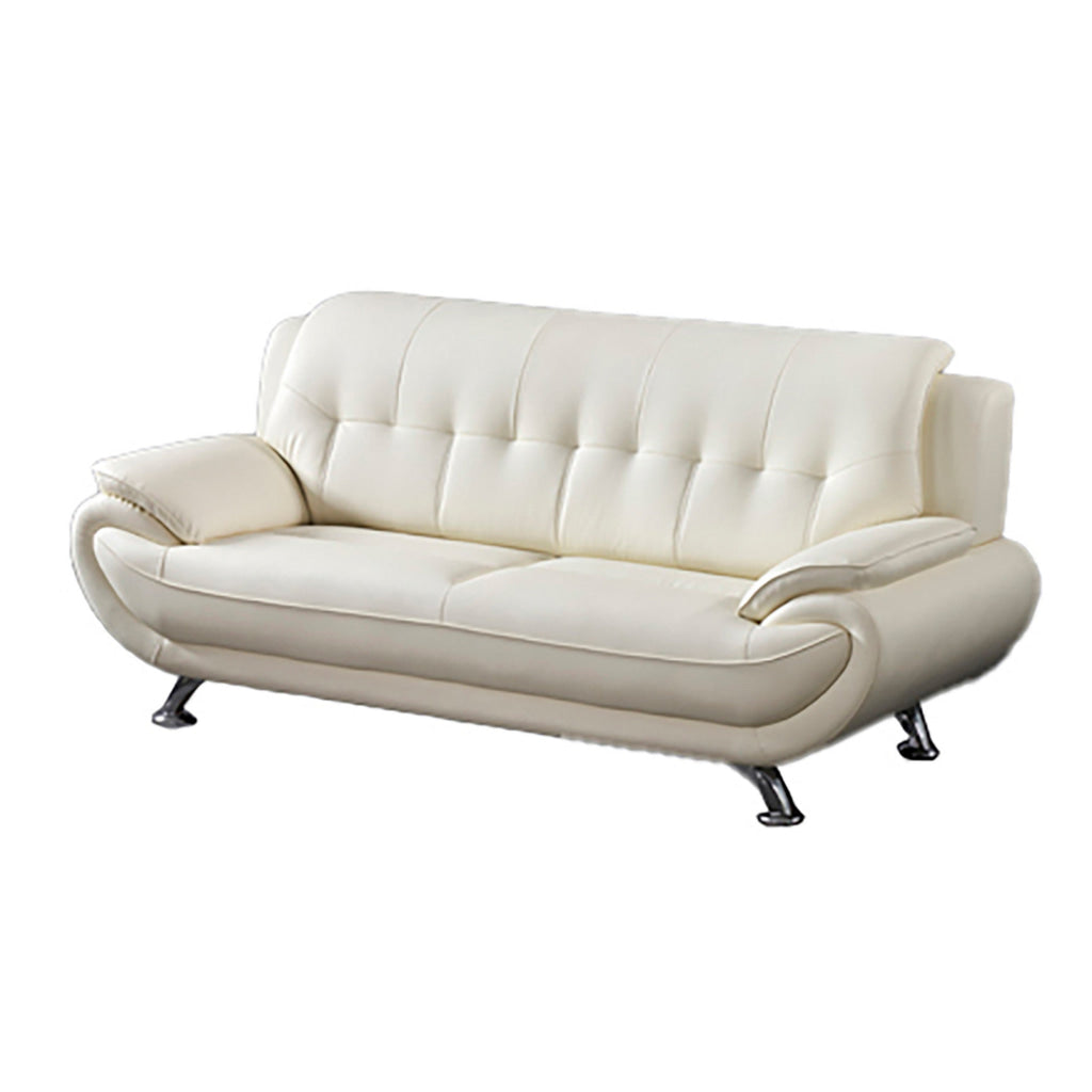 Olaf 82 Inch Sofa Tufted Ivory Faux Leather Upholstery Chrome Metal Wood By Casagear Home BM315004