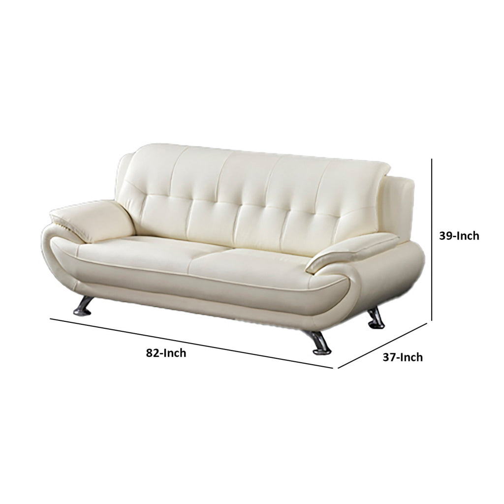 Olaf 82 Inch Sofa Tufted Ivory Faux Leather Upholstery Chrome Metal Wood By Casagear Home BM315004