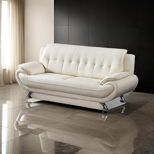 Olaf 82 Inch Sofa Tufted Ivory Faux Leather Upholstery Chrome Metal Wood By Casagear Home BM315004