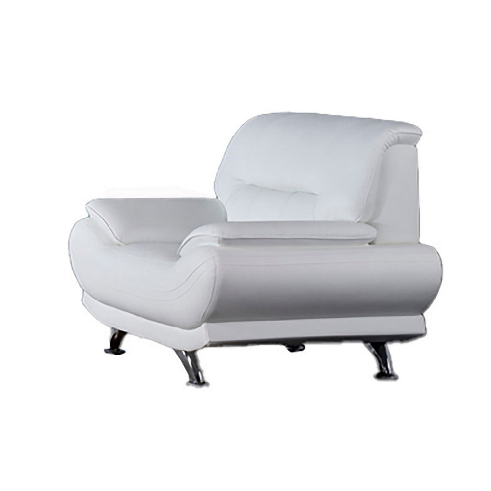 Siaa 47 Inch Sofa Chair, White Faux Leather Upholstery, Chrome Metal, Wood By Casagear Home