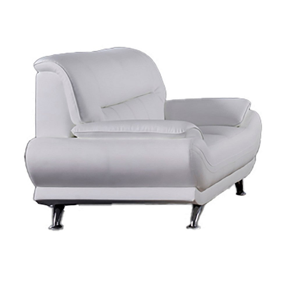 Siaa 57 Inch Loveseat, White Faux Leather Upholstery, Chrome Metal, Wood By Casagear Home