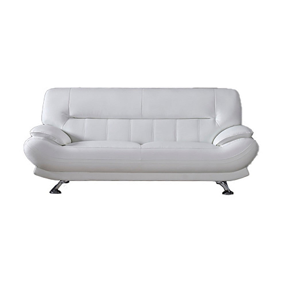 Siaa 82 Inch Sofa, White Faux Leather Upholstery, Chrome Metal, Wood By Casagear Home