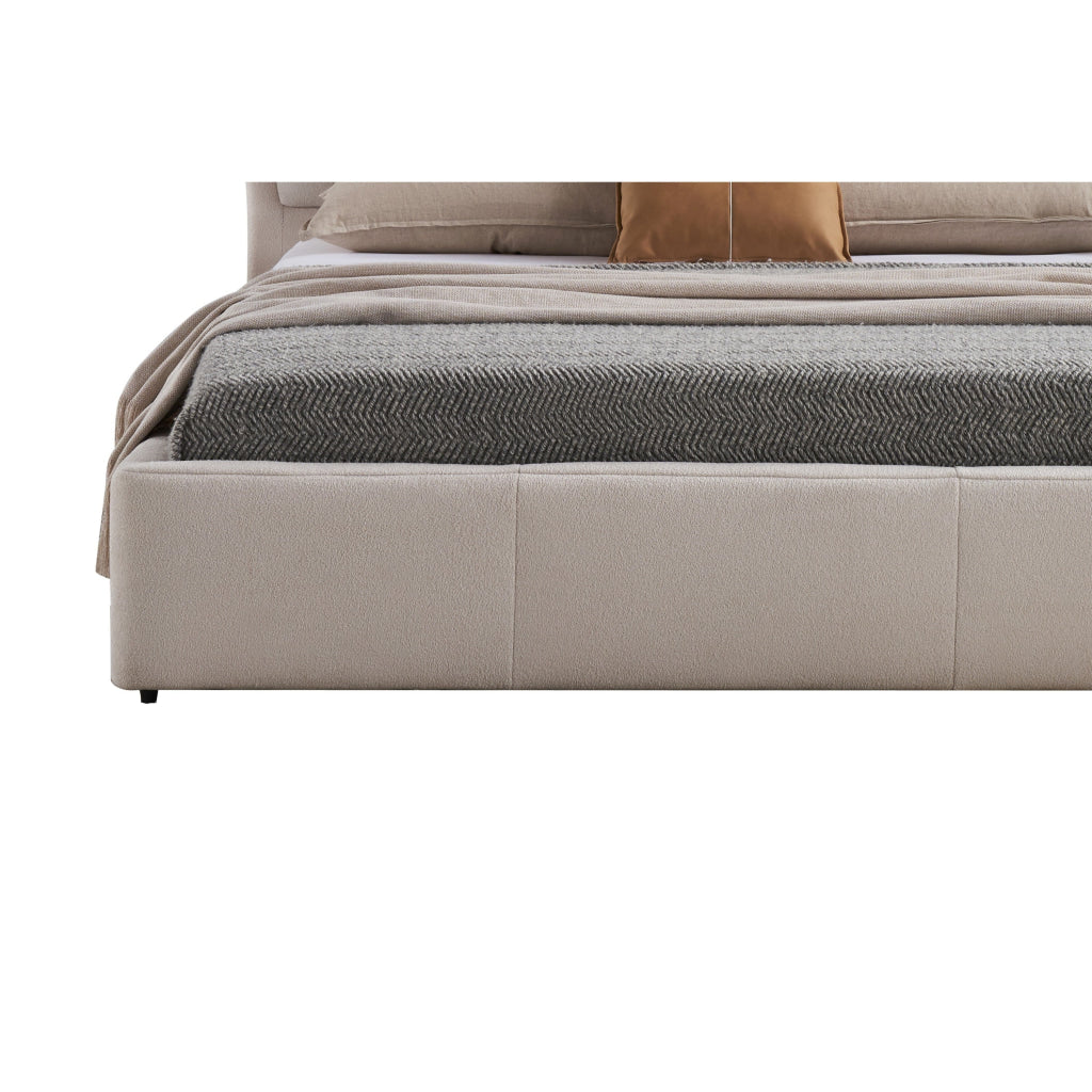 Kia Queen Size Bed Low Profile Ivory Upholstered Pillow Headboard Wood By Casagear Home BM315016