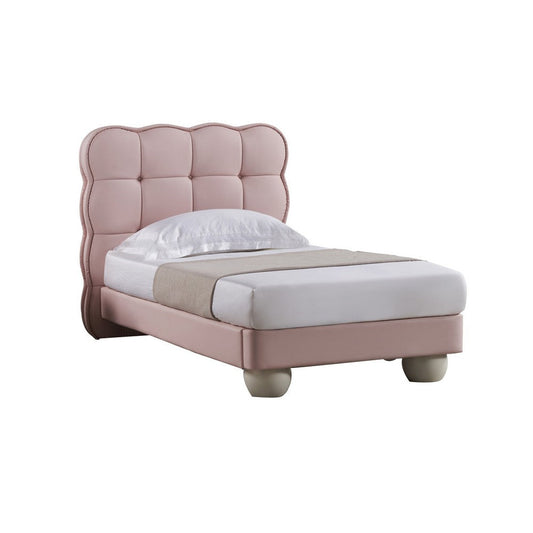 Jeny Queen Size Bed, Pink Leather Upholstered Tufted Headboard, Wood By Casagear Home