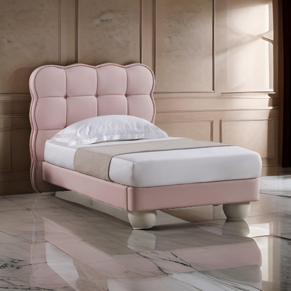 Jeny Twin Size Bed Pink Leather Upholstered Tufted Headboard Wood By Casagear Home BM315019