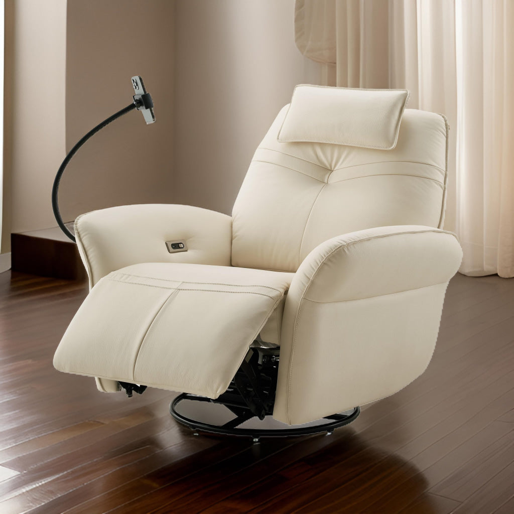 Gymi 39 Inch Swivel Power Recliner with Phone Holder Cushioned Ivory By Casagear Home BM315038