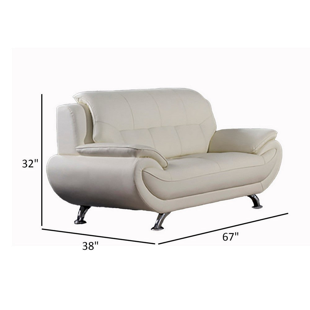 Deni 67 Inch Loveseat Tufted Ivory Real Leather Chrome Metal Legs By Casagear Home BM315043