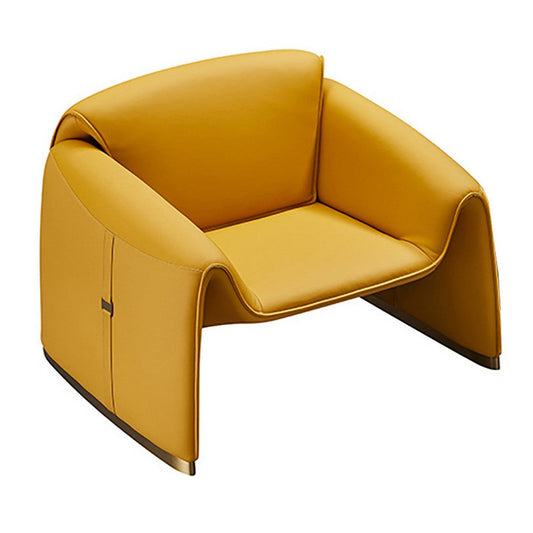 Hei 38 Inch Accent Chair, Yellow Real Leather Upholstery, Gold Metal Finish By Casagear Home