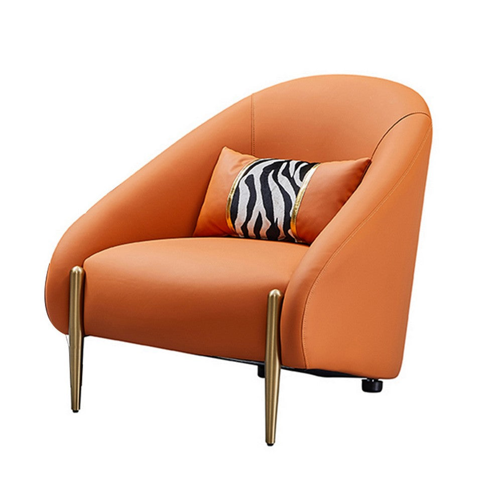 Kie 33 Inch Accent Chair Pillow Curved Orange Real Leather Gold Metal By Casagear Home BM315050