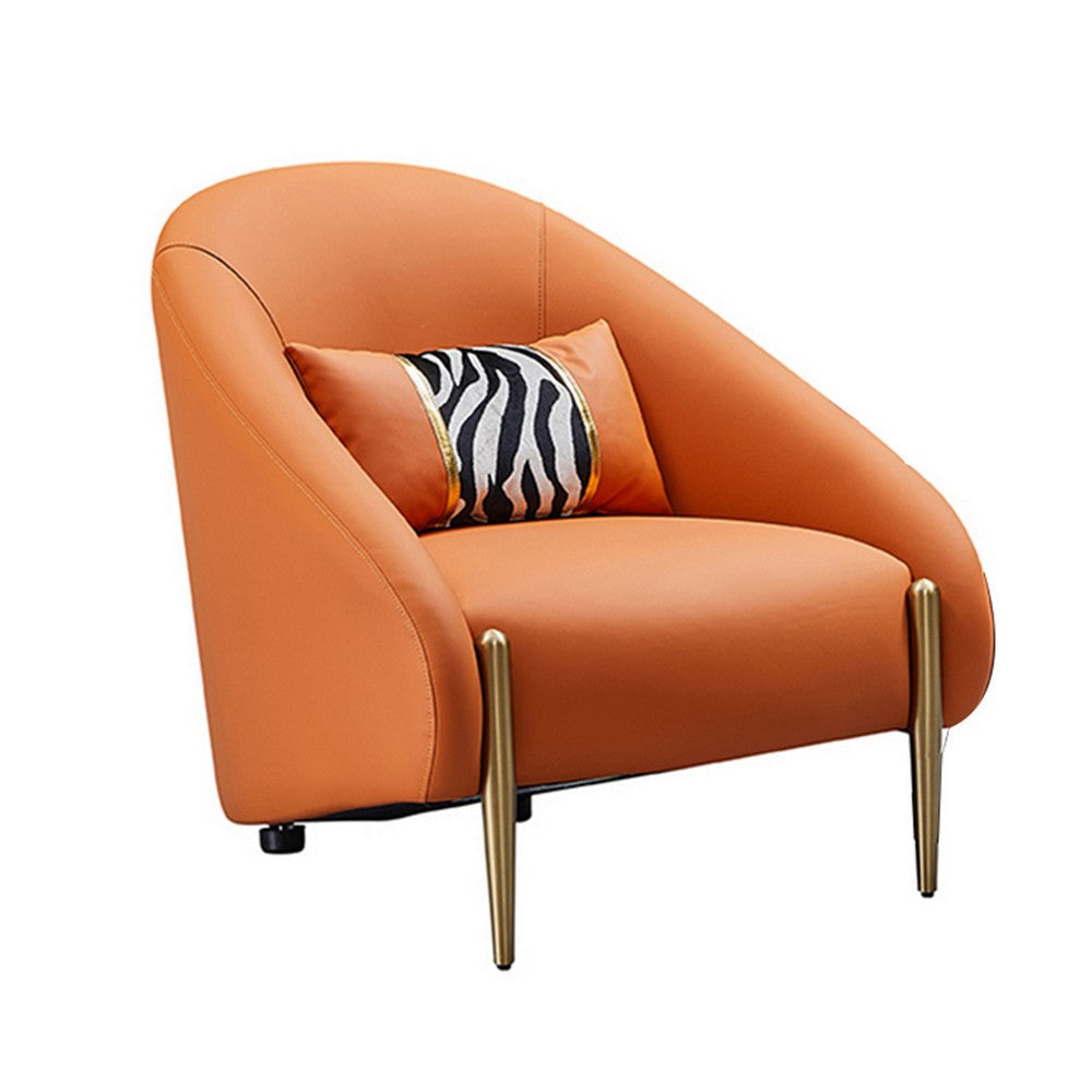 Kie 33 Inch Accent Chair, Pillow, Curved, Orange Real Leather, Gold Metal By Casagear Home