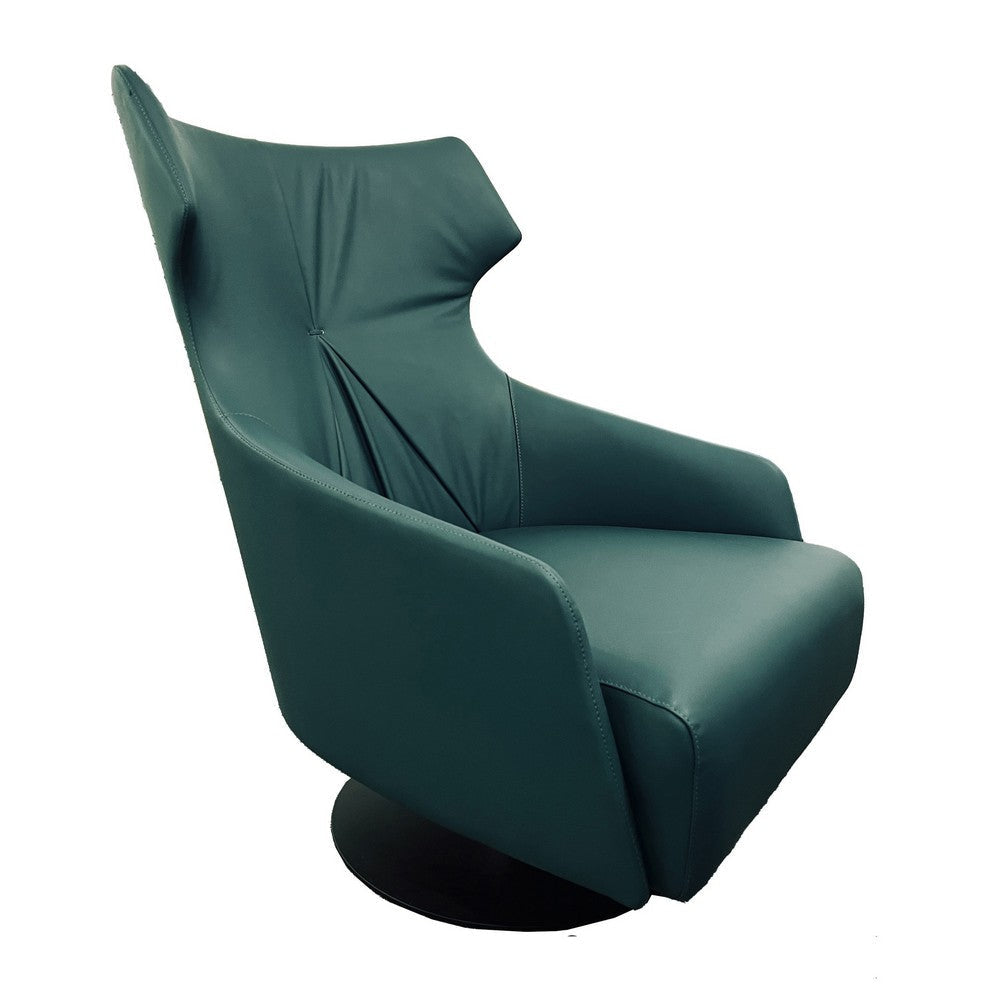 Leni 35 Inch Swivel Accent Chair, Tall Back, Green Real Leather Upholstery By Casagear Home