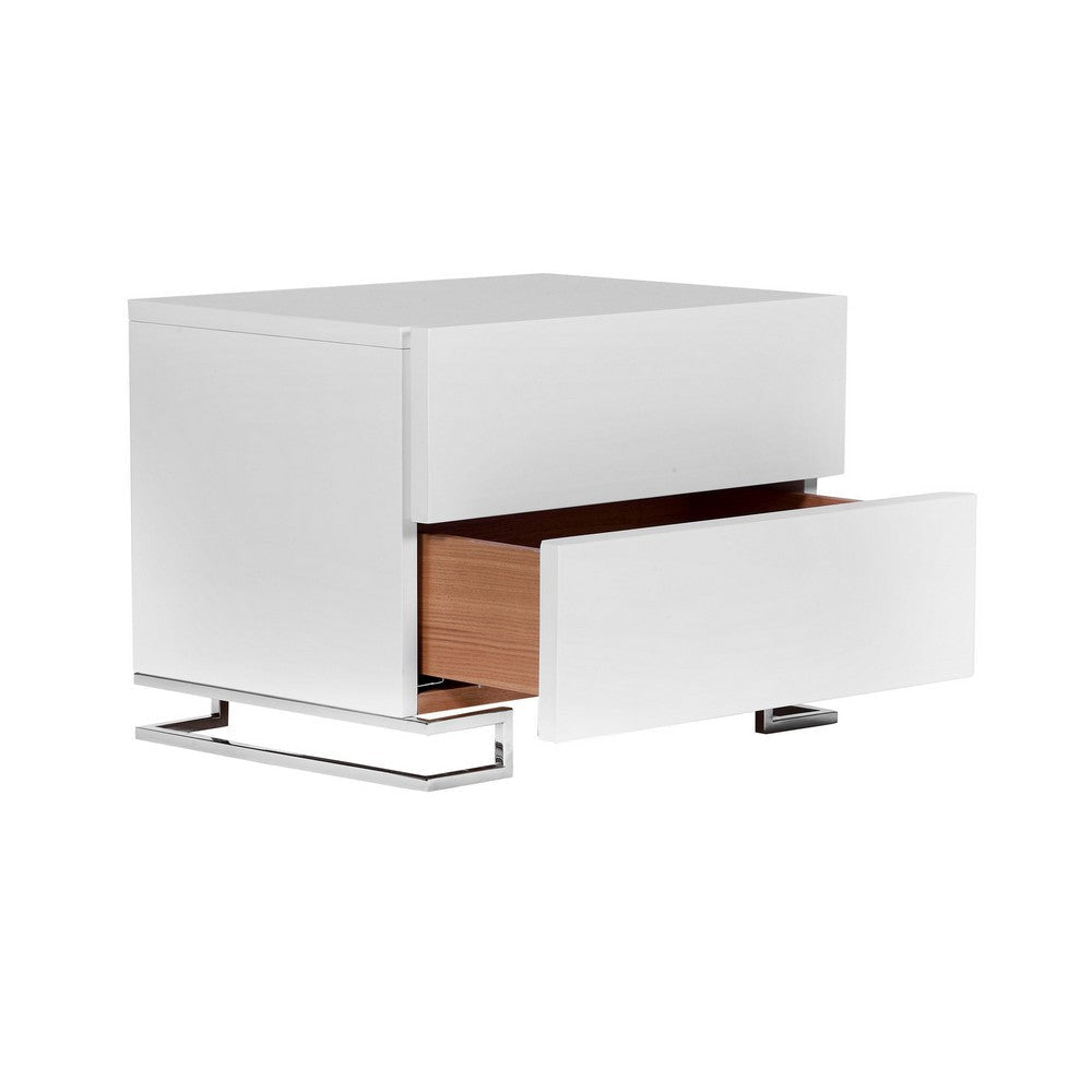 Sam 20 Inch Nightstand 2 Drawers White Wood High Polished Metal Legs By Casagear Home BM315061