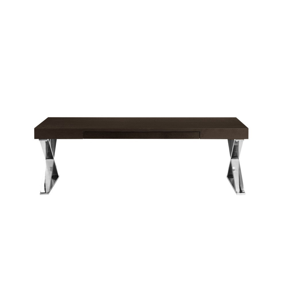 Rix 48 Inch Coffee Table 1 Drawer X Shape Steel Legs Espresso Brown Wood By Casagear Home BM315063