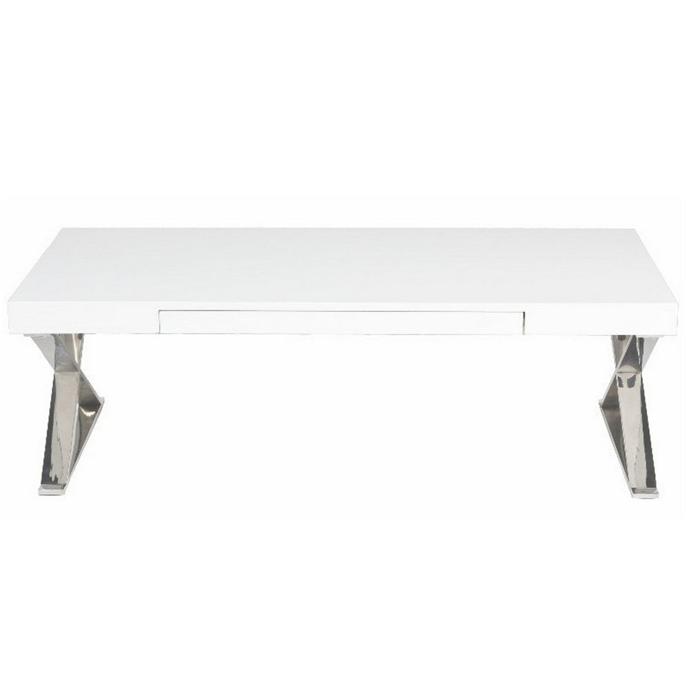 Rix 48 Inch Coffee Table, 1 Drawer, X Shaped Steel Legs, White Wood Top By Casagear Home