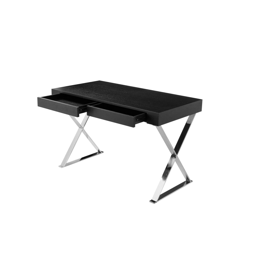 Rix 47 Inch Office Desk Black Wood Top 2 Drawers X Polished Steel Legs By Casagear Home BM315066