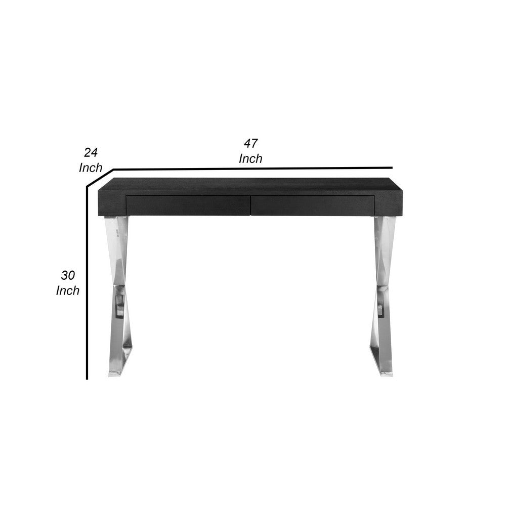 Rix 47 Inch Office Desk Black Wood Top 2 Drawers X Polished Steel Legs By Casagear Home BM315066