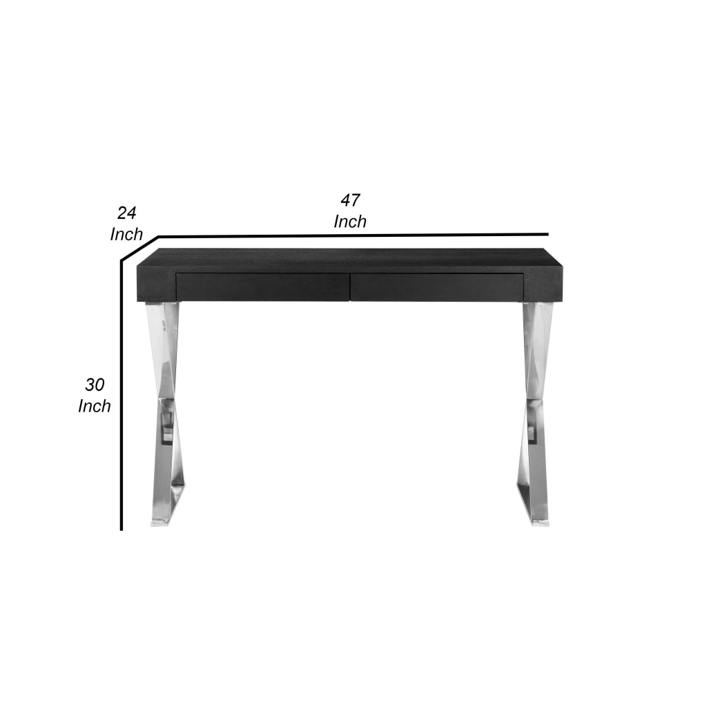 Rix 47 Inch Office Desk Black Wood Top 2 Drawers X Polished Steel Legs By Casagear Home BM315066