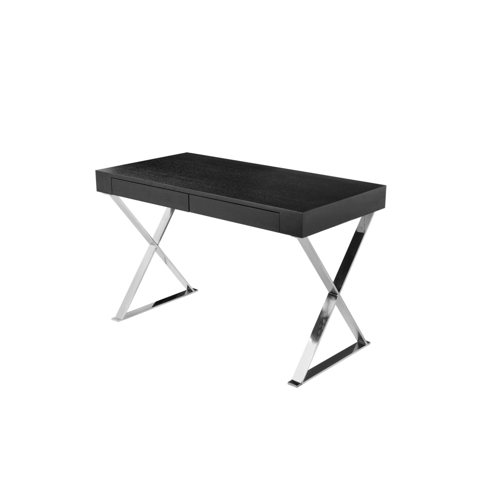 Rix 47 Inch Office Desk Black Wood Top 2 Drawers X Polished Steel Legs By Casagear Home BM315066