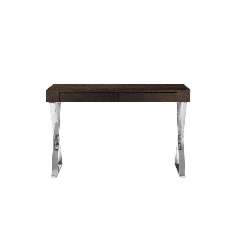 Rix 47 Inch Office Desk Espresso Brown Wood 2 Drawers X Polished Steel By Casagear Home BM315067