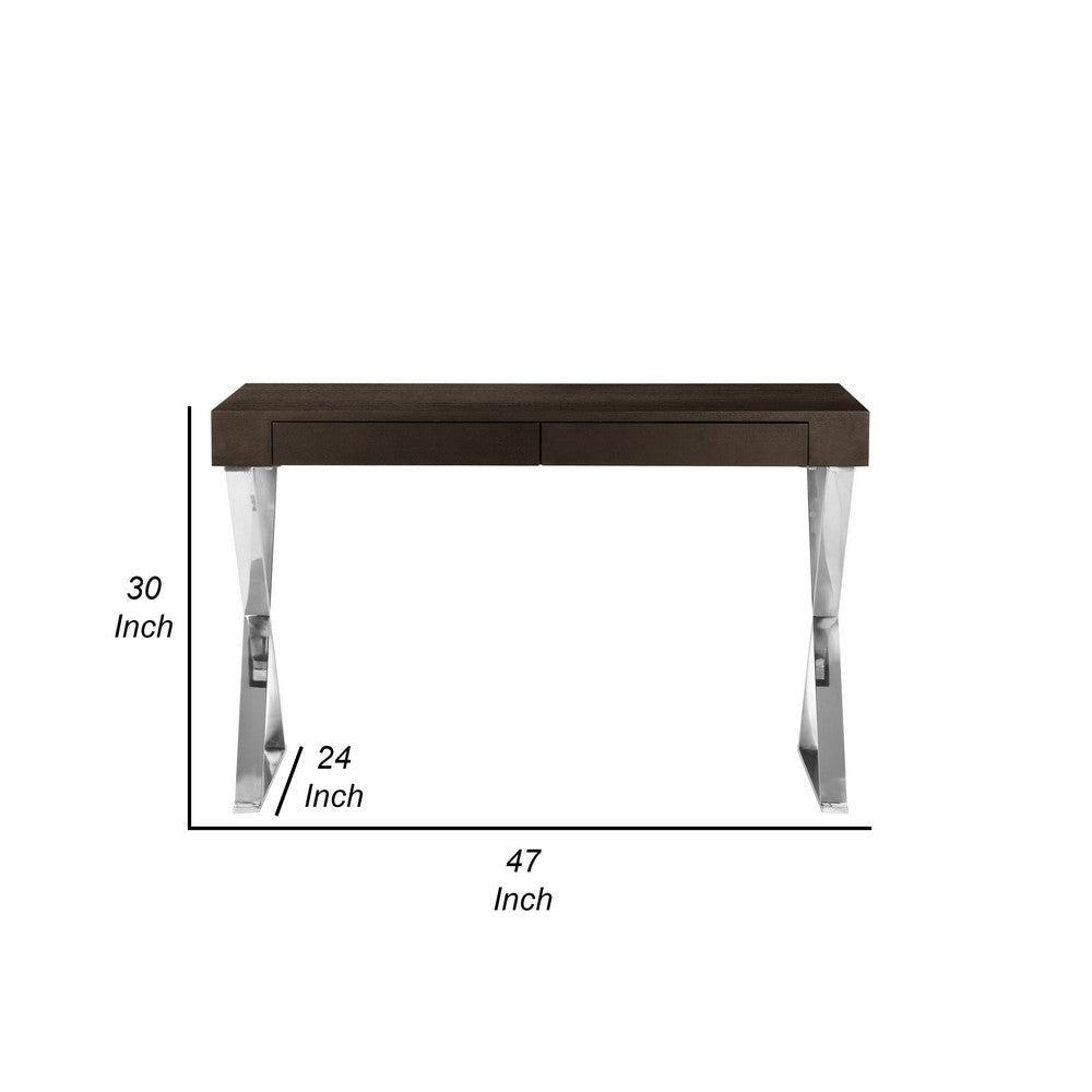 Rix 47 Inch Office Desk Espresso Brown Wood 2 Drawers X Polished Steel By Casagear Home BM315067