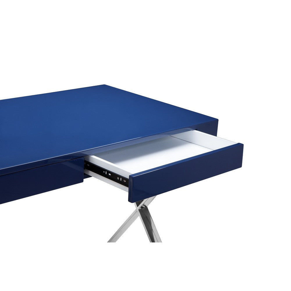 Rix 47 Inch Office Desk Navy Wood Top 2 Drawers X Polished Steel Legs By Casagear Home BM315068