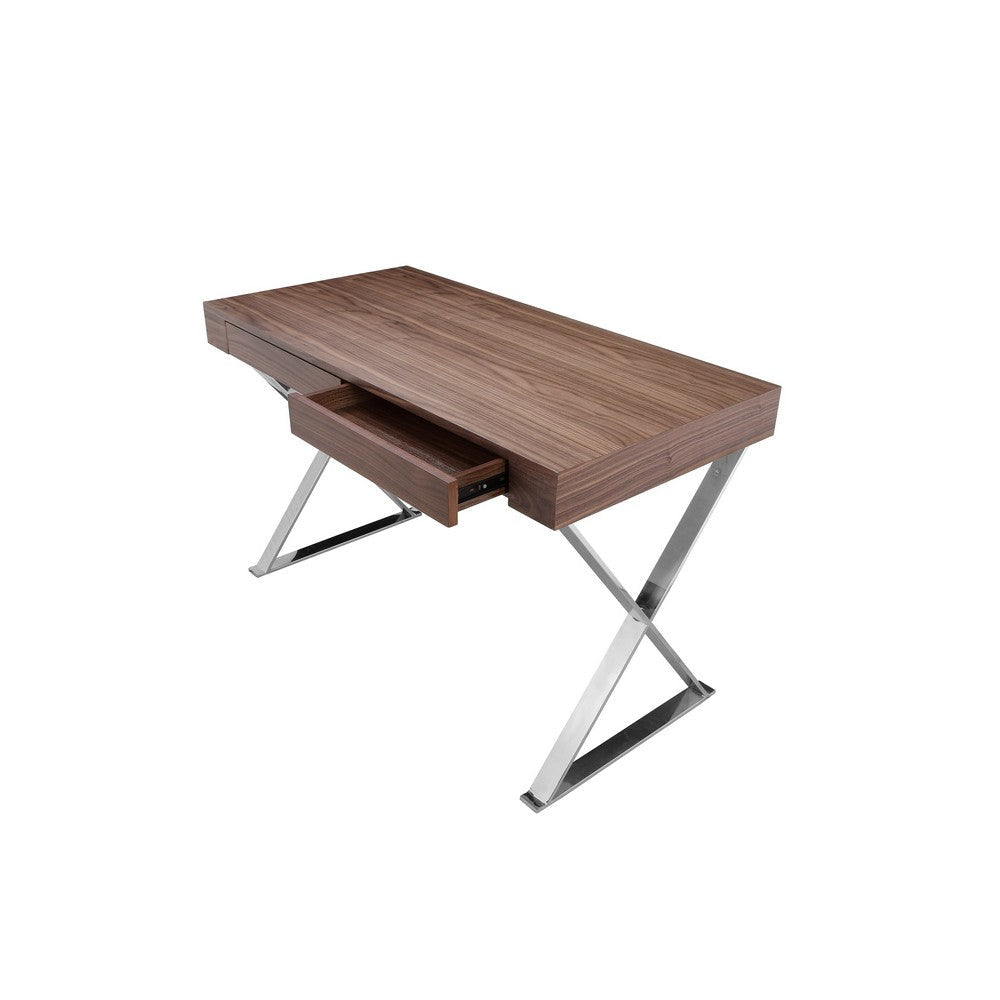 Rix 47 Inch Office Desk Walnut Wood Top 2 Drawers X Polished Steel Legs By Casagear Home BM315069