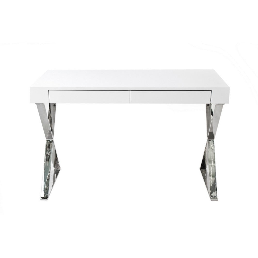 Rix 47 Inch Office Desk White Wood Top 2 Drawers X Polished Steel Legs By Casagear Home BM315070