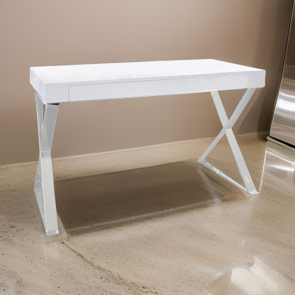 Rix 47 Inch Office Desk, White Wood Top, 2 Drawers, X Polished Steel Legs By Casagear Home