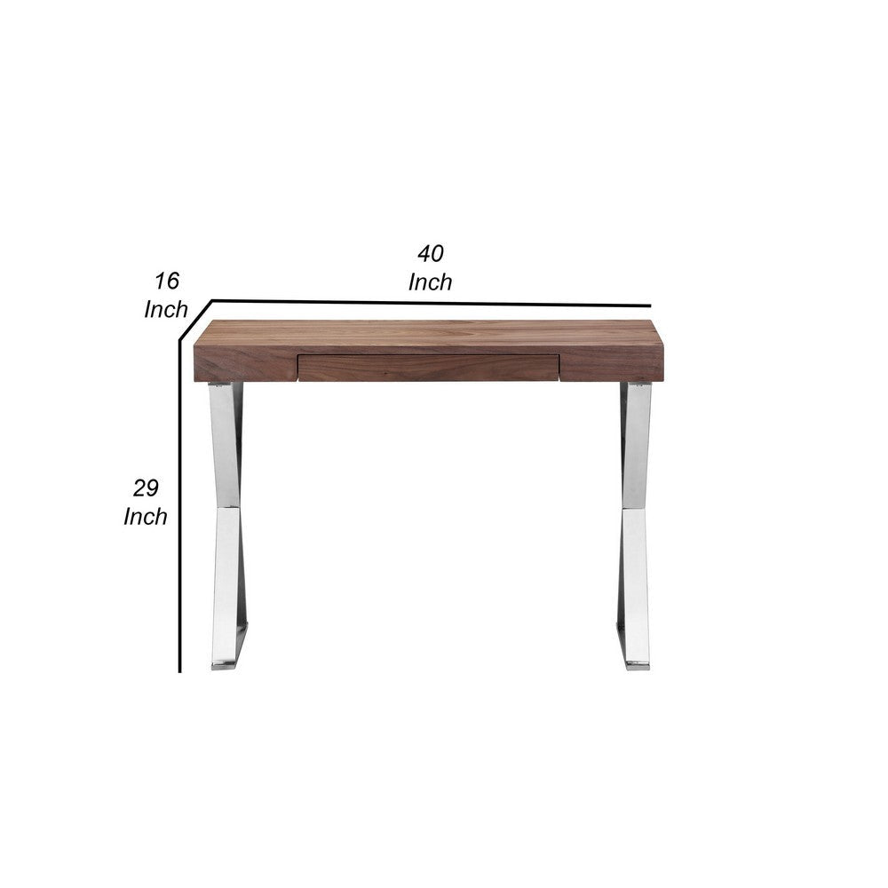 Rix 40 Inch Console Drawer Walnut Brown Rectangular Wood Top Steel Legs By Casagear Home BM315072