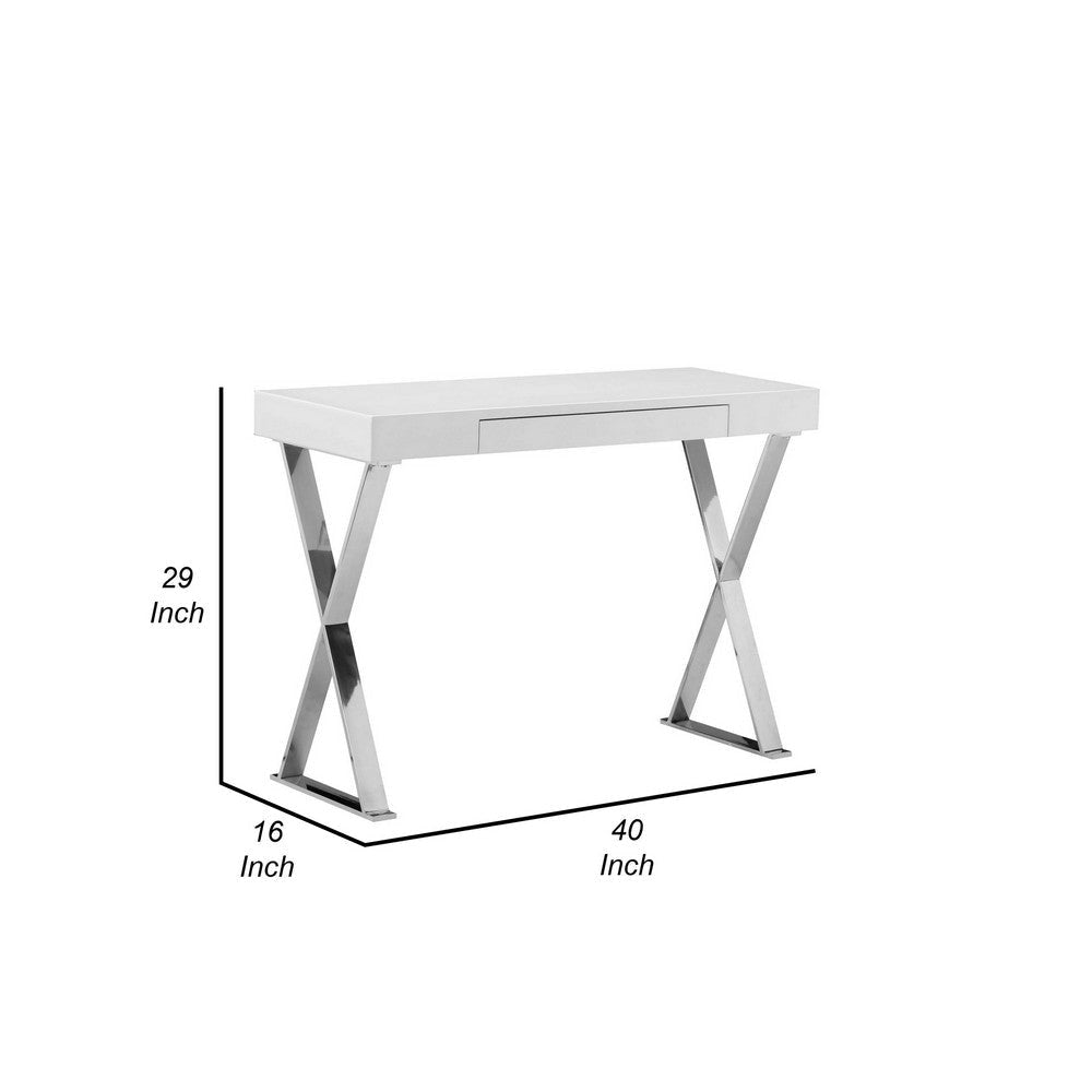 Rix 40 Inch Console Drawer White Rectangular Wood Top X Shape Steel Legs By Casagear Home BM315073