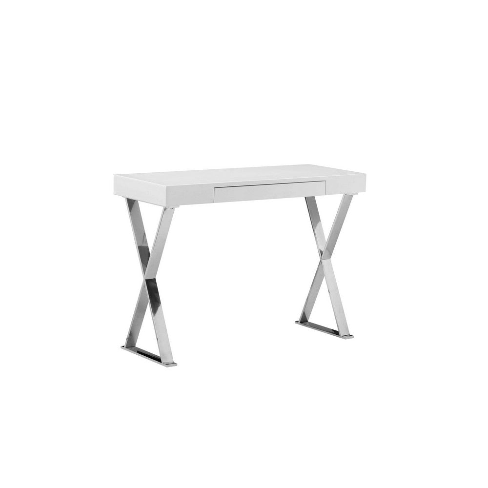 Rix 40 Inch Console, Drawer, White Rectangular Wood Top, X Shape Steel Legs By Casagear Home