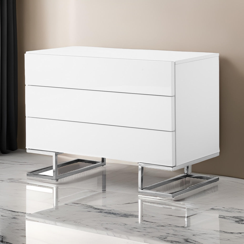 Sam 39 Inch Dresser with 3 Drawers, Chrome Steel Legs, White Wood Finish By Casagear Home