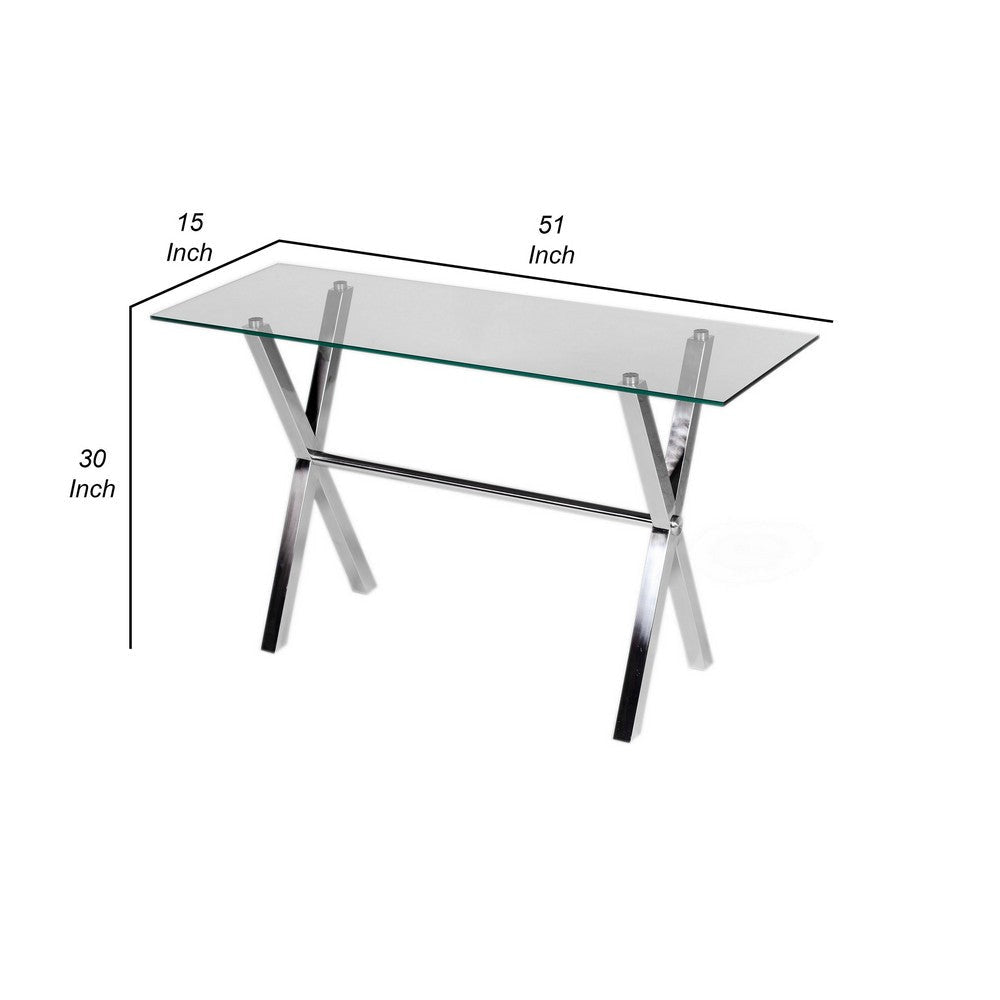 Tia 51 Inch Console Table Rectangular Tempered Glass Top X Steel Legs By Casagear Home BM315078