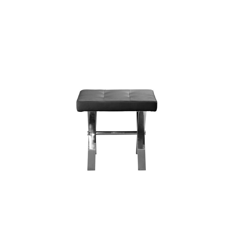 Tia 20 Inch Accent Stool Ottoman Black Faux Leather Polished Chrome Legs By Casagear Home BM315082