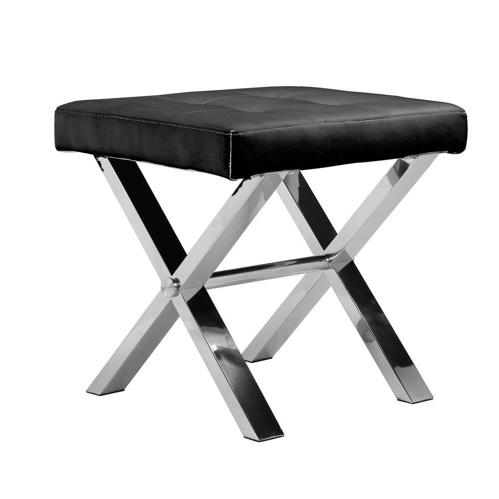 Tia 20 Inch Accent Stool Ottoman Black Faux Leather Polished Chrome Legs By Casagear Home BM315082