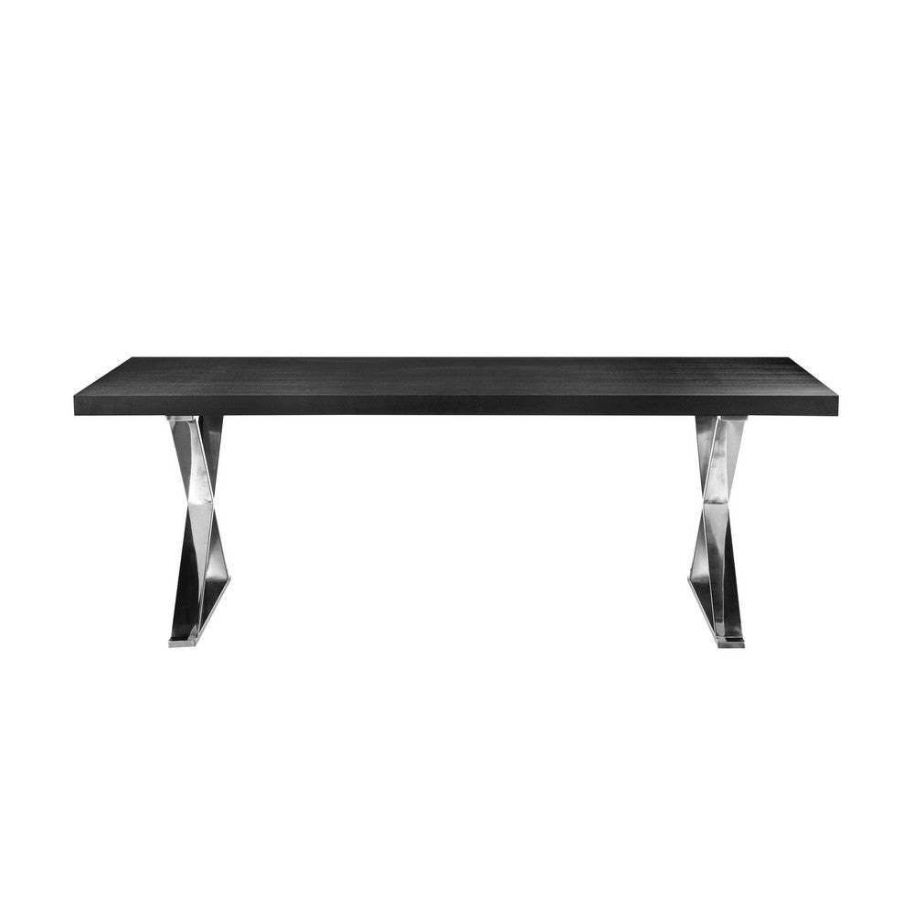 Rix 87 Inch Dining Table Black Wood Top X Chrome Finished Steel Legs By Casagear Home BM315089