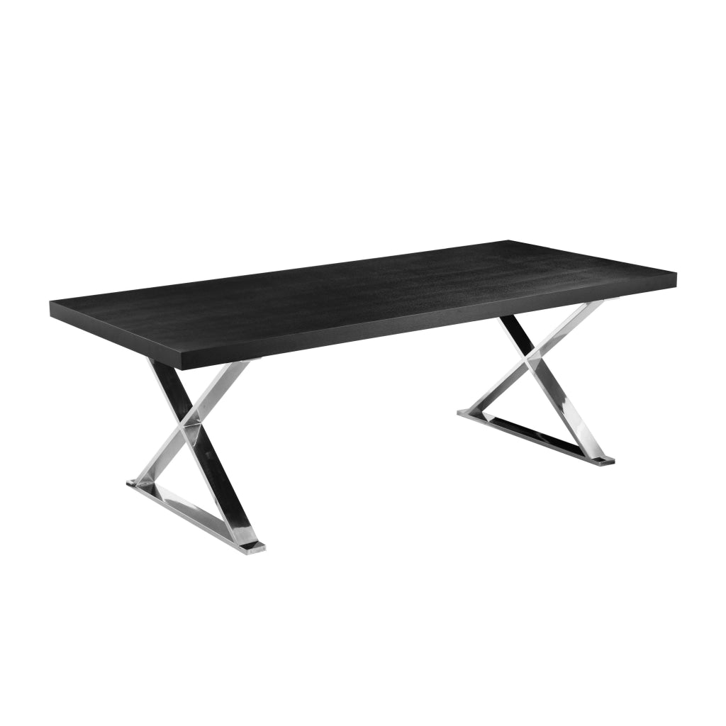 Rix 87 Inch Dining Table Black Wood Top X Chrome Finished Steel Legs By Casagear Home BM315089